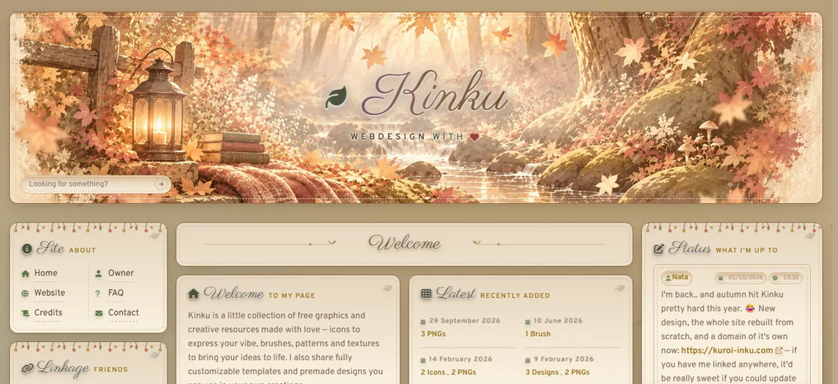 Kuroi Inku homepage with an autumn forest header and lace-trimmed boxes