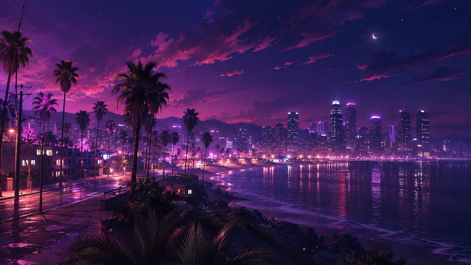 MoonHavenRP: a neon night-time Los Santos skyline by the sea